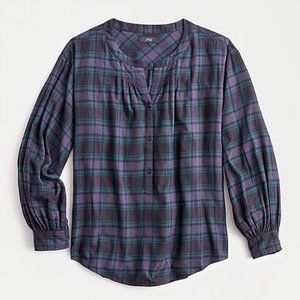 NWT J. CREW | Open V Neck Black Watch Plaid Shirt Popover Long Sleeve Blouse Top
